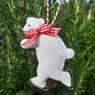A-handmade-felt-Polar-Bear-on-Ice-Skates-christmas-Decoration. with-a red-gingham-bow