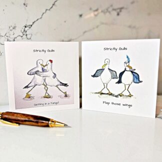 Fun dancing seagulls pack of 2 blank greetings cards