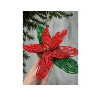 French beaded ponsettia with green and red beads