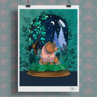 Hand-painted Bear in the Terrarium Art Print featuring a bear in a patterned jumper under a night sky surrounded by trees and stars.