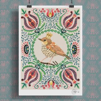 Hand-painted Folk Garden Bird Art Print featuring a crowned thrush surrounded by floral folk patterns in warm tones.