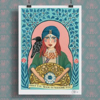 Hand-painted Fortune Teller Art Print by Devon artist Susie Batsford, featuring a mystical woman with a raven and the words “What you seek is seeking you.