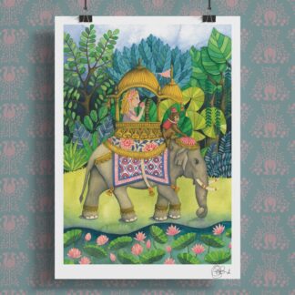 Hand-painted Indian Elephant Art Print by Devon artist Susie Batsford, featuring a traveller and monkey riding an elephant through lush greenery and lotus flowers.