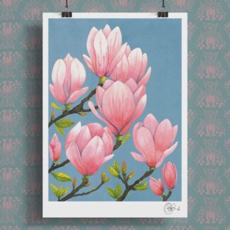 Hand-painted Magnolias on Blue Art Print featuring soft pink magnolia blossoms against a powder blue background.