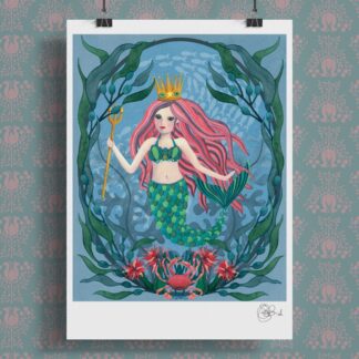 Hand-painted Mermaid Art Print by Devon artist Susie Batsford, featuring a crowned mermaid with trident framed by seaweed and coral in blue and green tones.