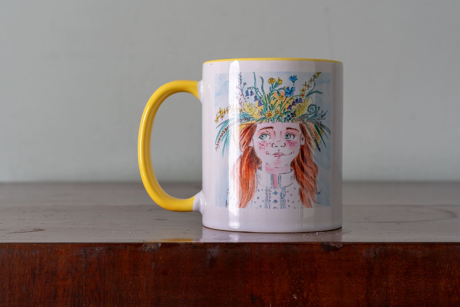 Mugs (Pink or Yellow) Illustrated with Original Print of Girl with A Wildflower Bonnet - Image 4