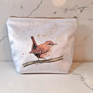 Wren Zip Pouch, Makeup Bag with Original Watercolour Printed onto Soft Velvet