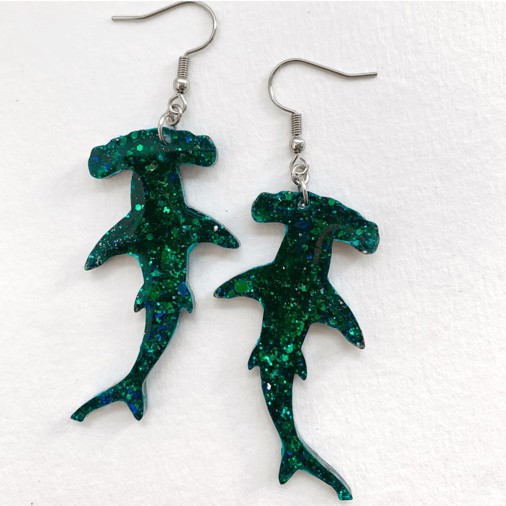 Blue Glitter Hammerhead Shark Hypoallergenic Earrings - Image 5