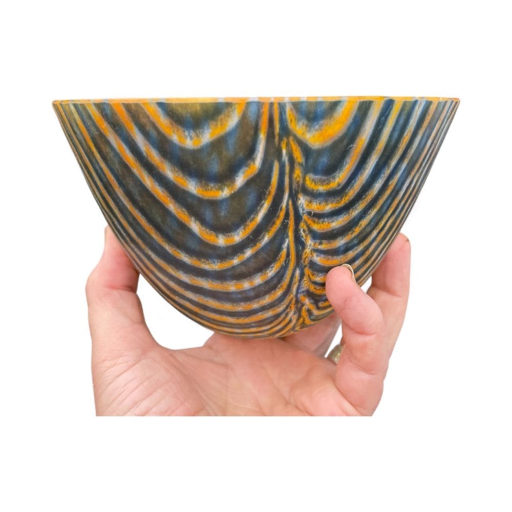 Kiln formed Glass Dropout Bowl Orange and Aventurine Blue - Image 5