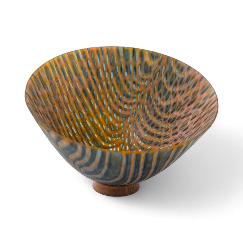 Kiln formed Glass Dropout Bowl Orange and Aventurine Blue - Image 3