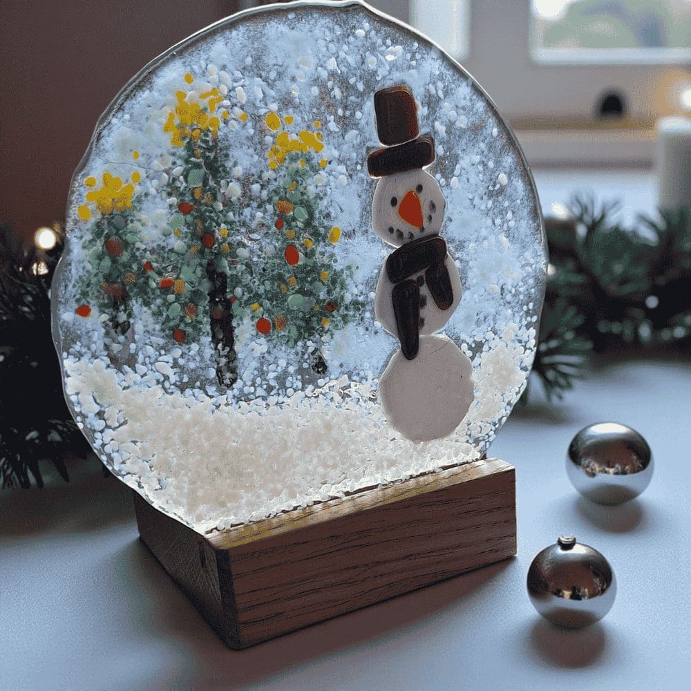 Handmade Fused Glass Snowman Decoration with Wooden Candle Holder - Image 7
