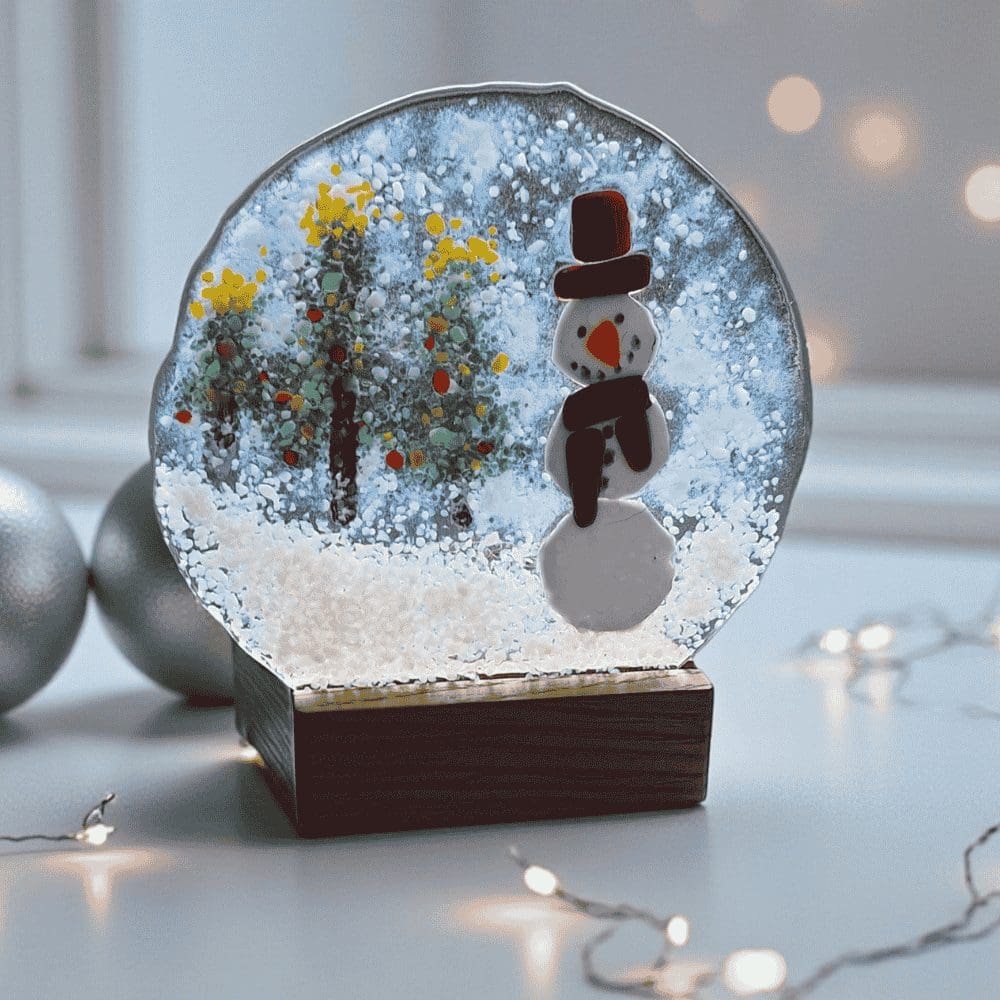 Handmade Fused Glass Snowman Decoration with Wooden Candle Holder - Image 6