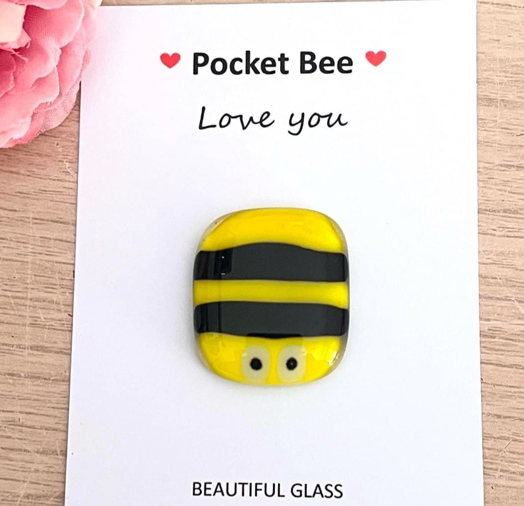 Bee Gift Pocket Hug - Fused Glass Greetings Card - Choice of message