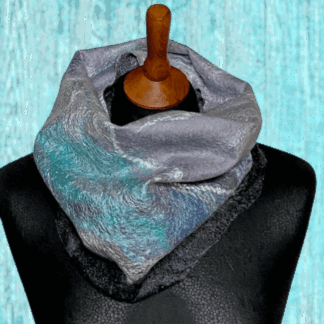 Cowl Turquoise River Grey Wool and Silk Handmade Reversible Felt Snood Neckwarmer