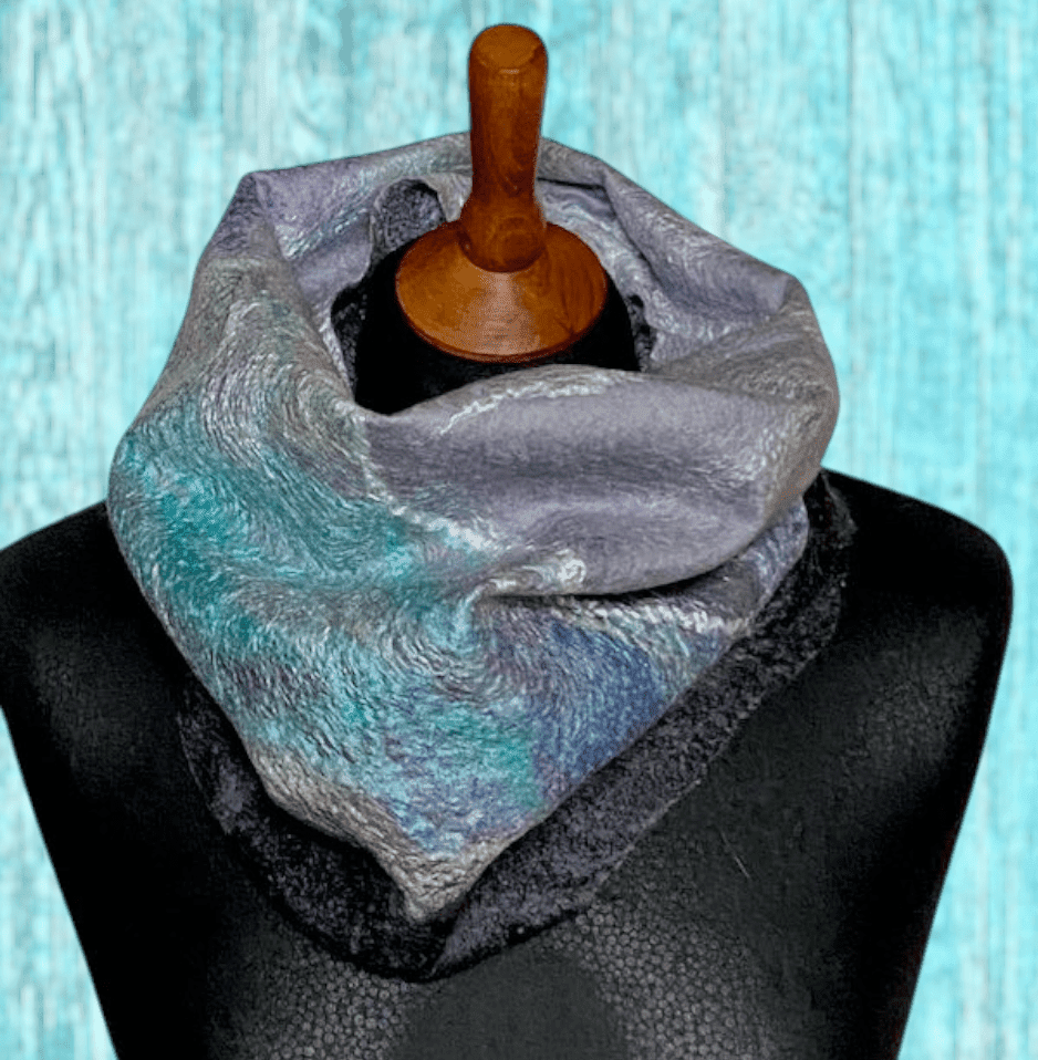 Cowl Turquoise River Grey Wool and Silk Handmade Reversible Felt Snood Neckwarmer