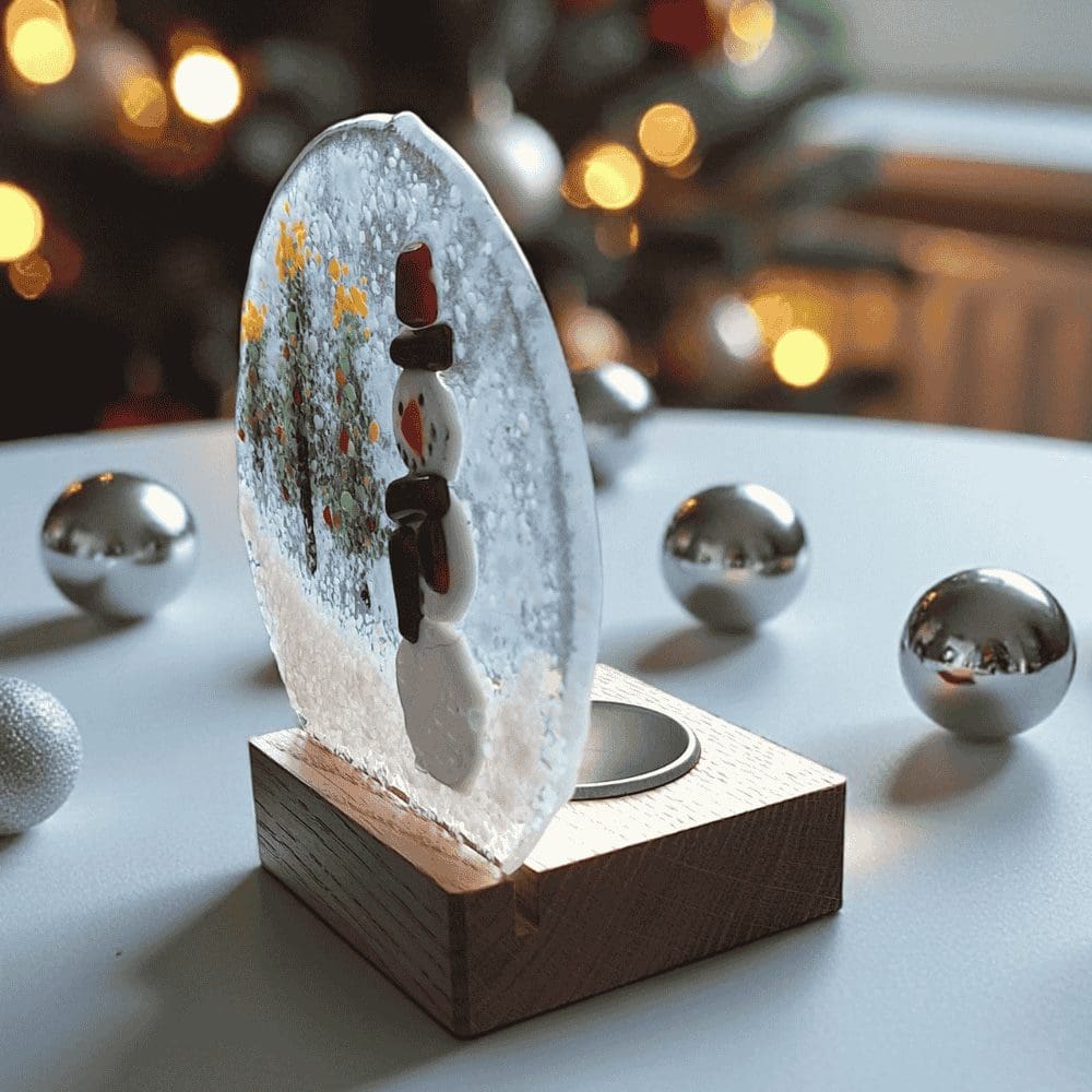 Handmade Fused Glass Snowman Decoration with Wooden Candle Holder - Image 5