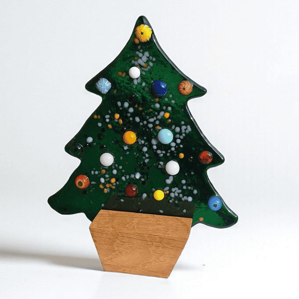 Green Glass Christmas Tree Decoration with Wooden Stand - Image 7