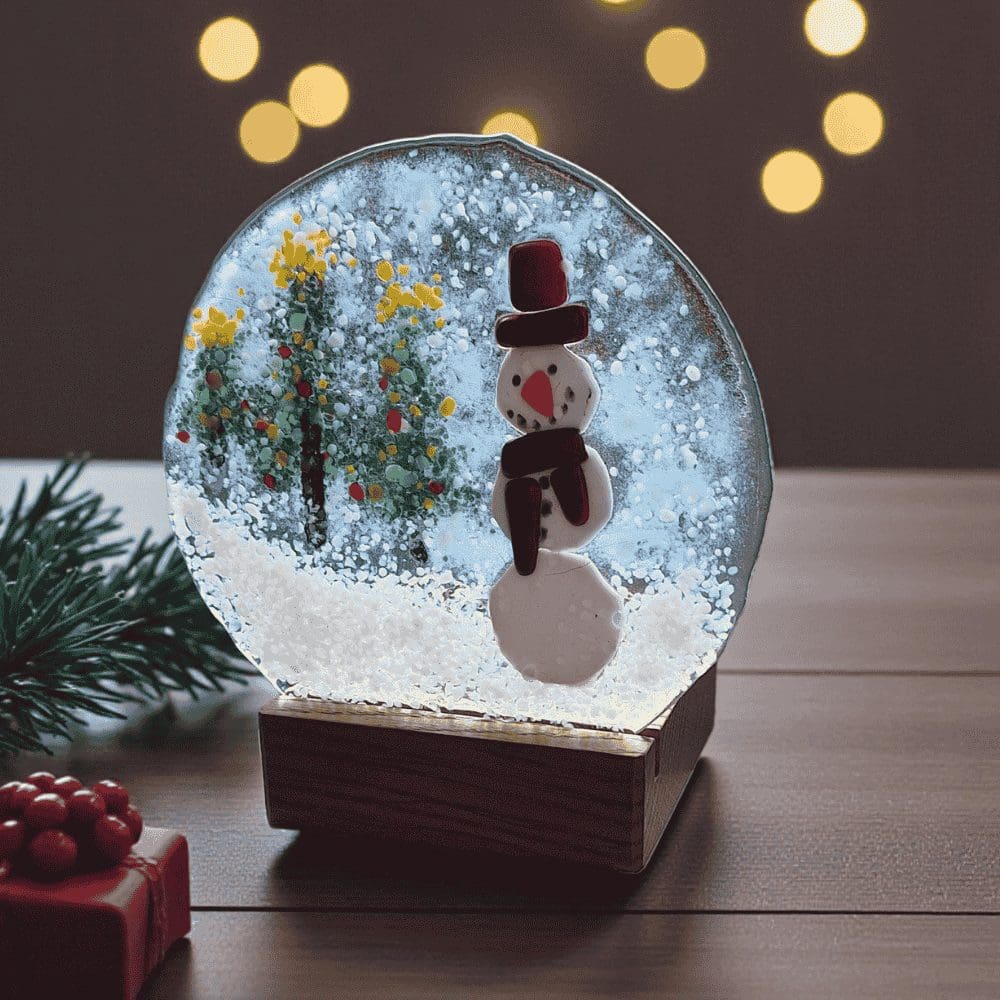 Handmade Fused Glass Snowman Decoration with Wooden Candle Holder - Image 9