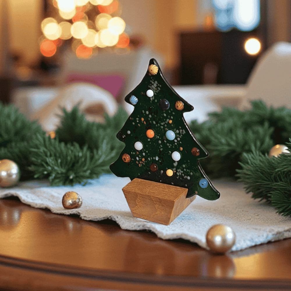Green Glass Christmas Tree Decoration with Wooden Stand - Image 8