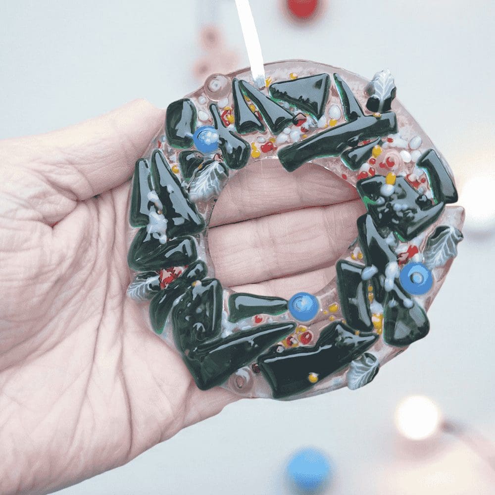 Fused Glass Christmas Wreath Ornament – Handmade UK - Image 2