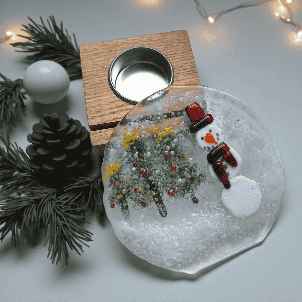 Handmade Fused Glass Snowman Decoration with Wooden Candle Holder - Image 2