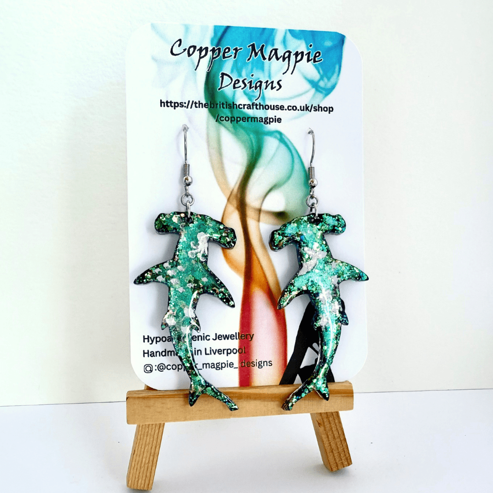 Blue Glitter Hammerhead Shark Hypoallergenic Earrings - Image 4