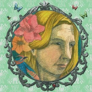 A hand-painted self-portrait of artist Susie Batsford, surrounded by butterflies, flowers, and a bird, set within a decorative frame on a soft green patterned background.