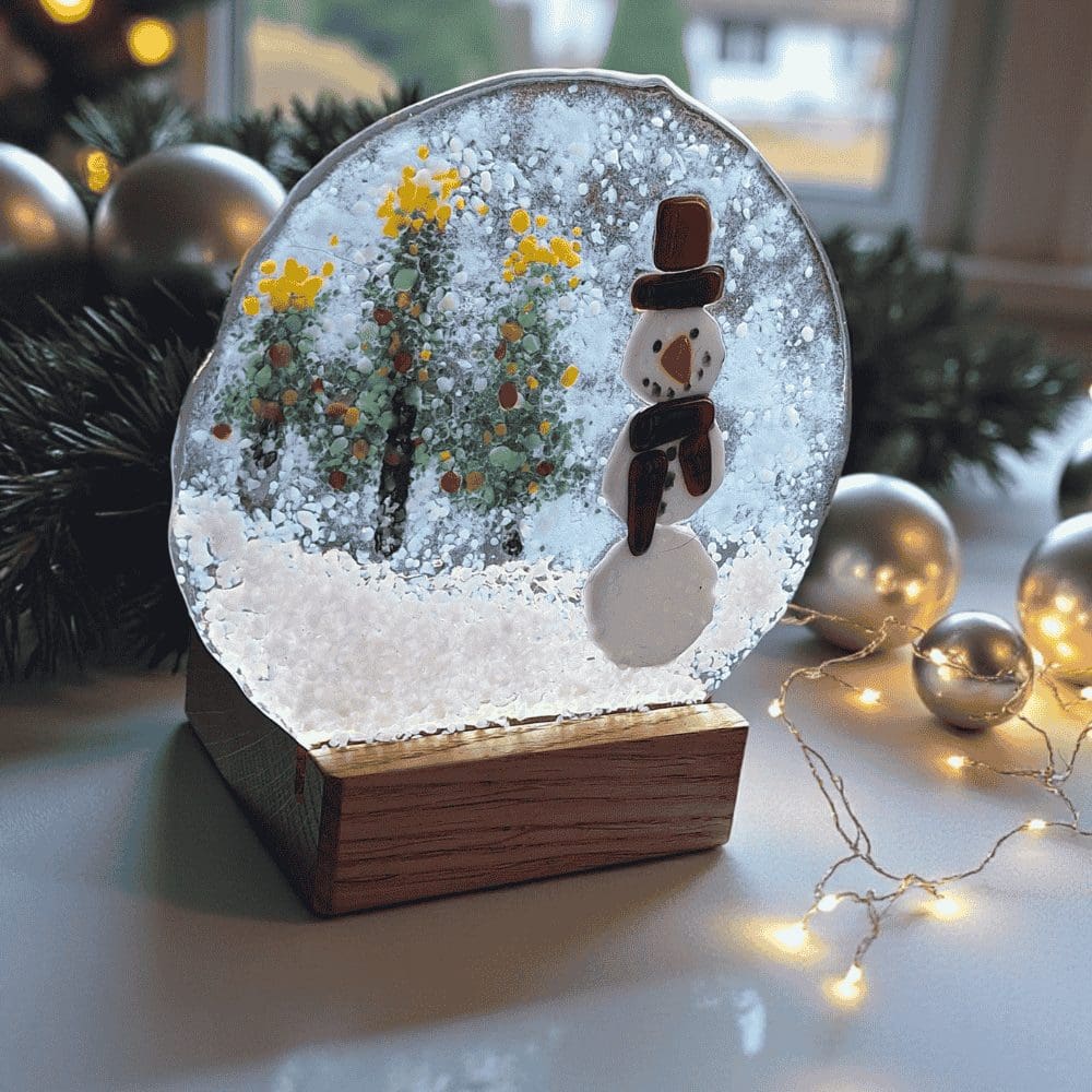 Handmade Fused Glass Snowman Decoration with Wooden Candle Holder - Image 8