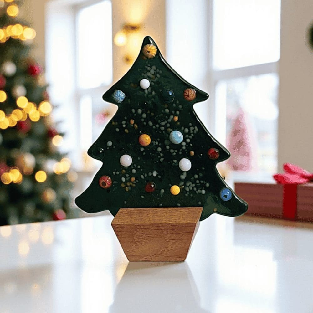 Green Glass Christmas Tree Decoration with Wooden Stand - Image 6
