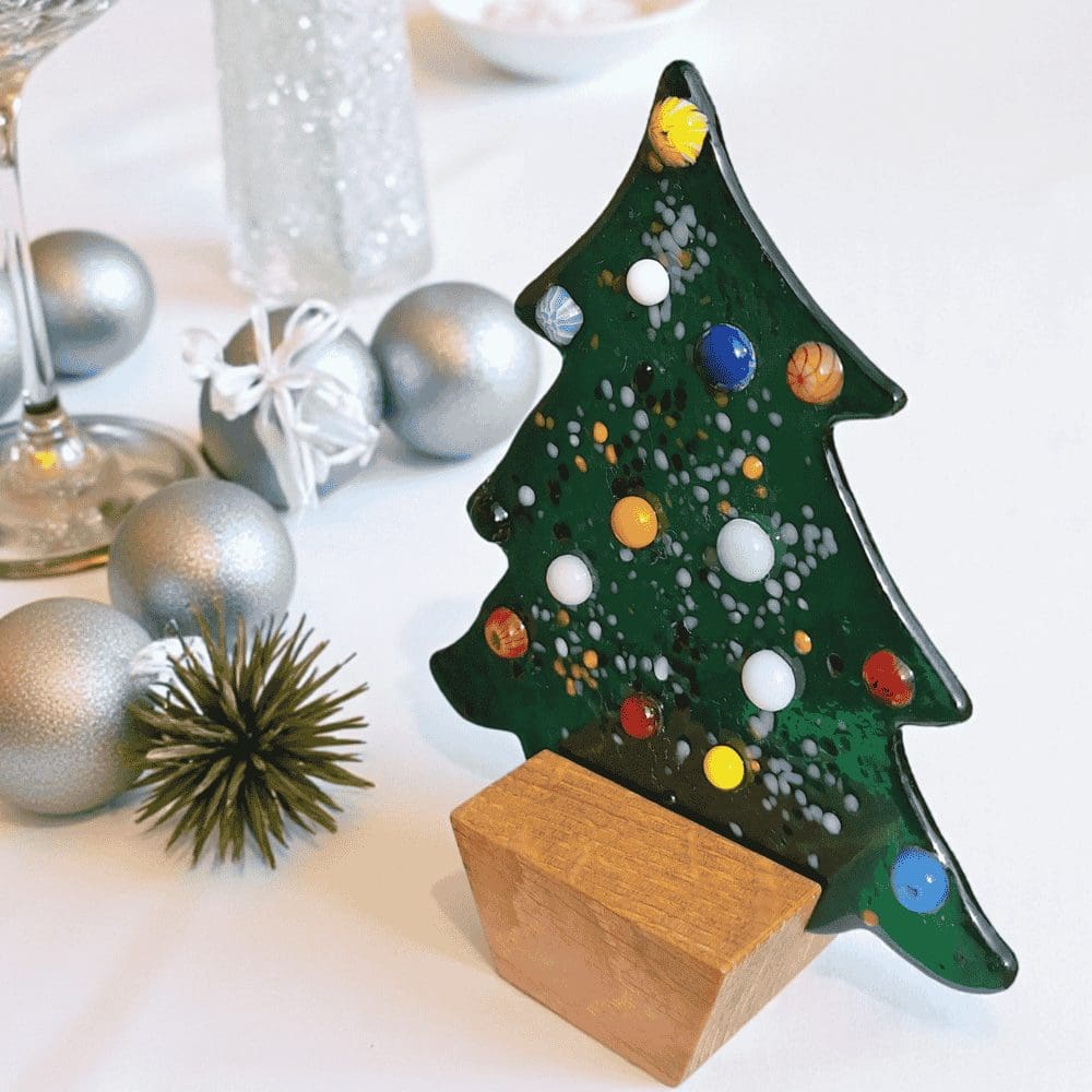 Green Glass Christmas Tree Decoration with Wooden Stand - Image 5