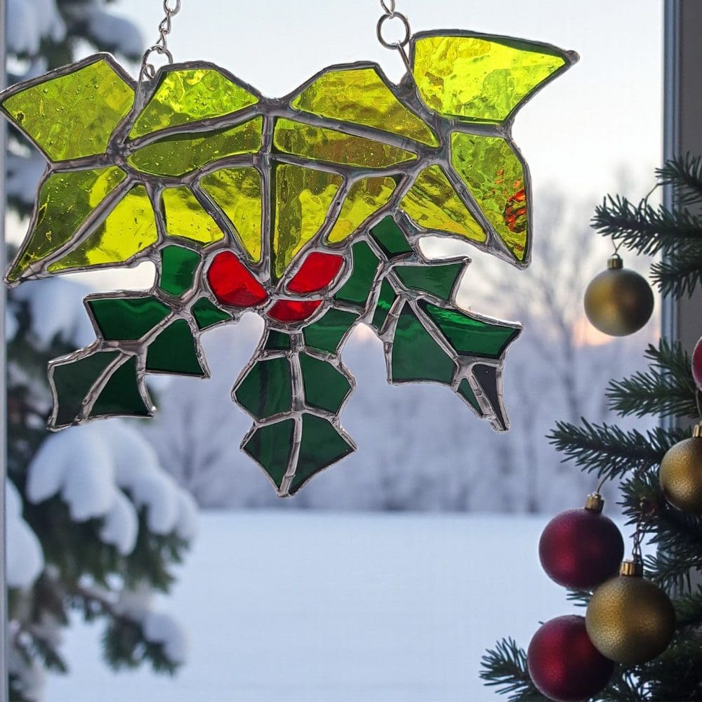 Unique Holly Ivy Stained Glass Suncatcher - Handmade UK Christmas Gift - Image 8
