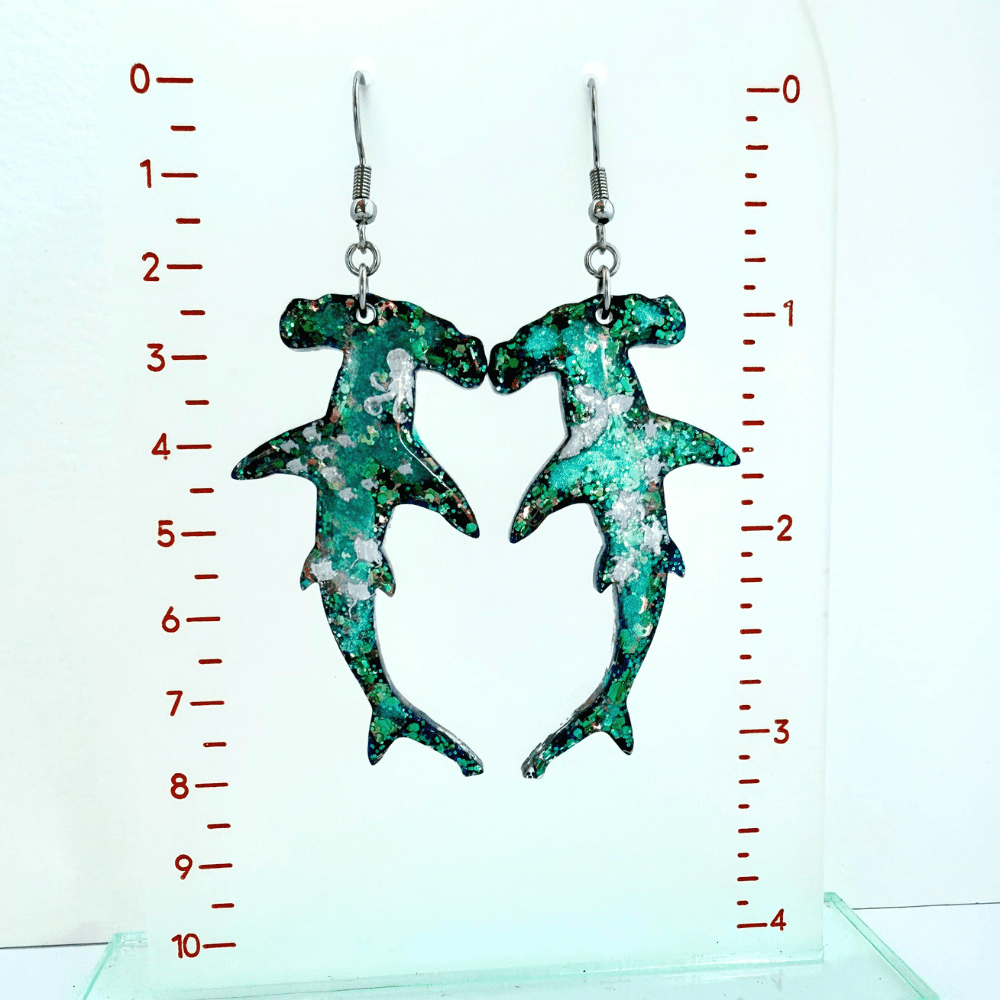 Blue Glitter Hammerhead Shark Hypoallergenic Earrings - Image 3