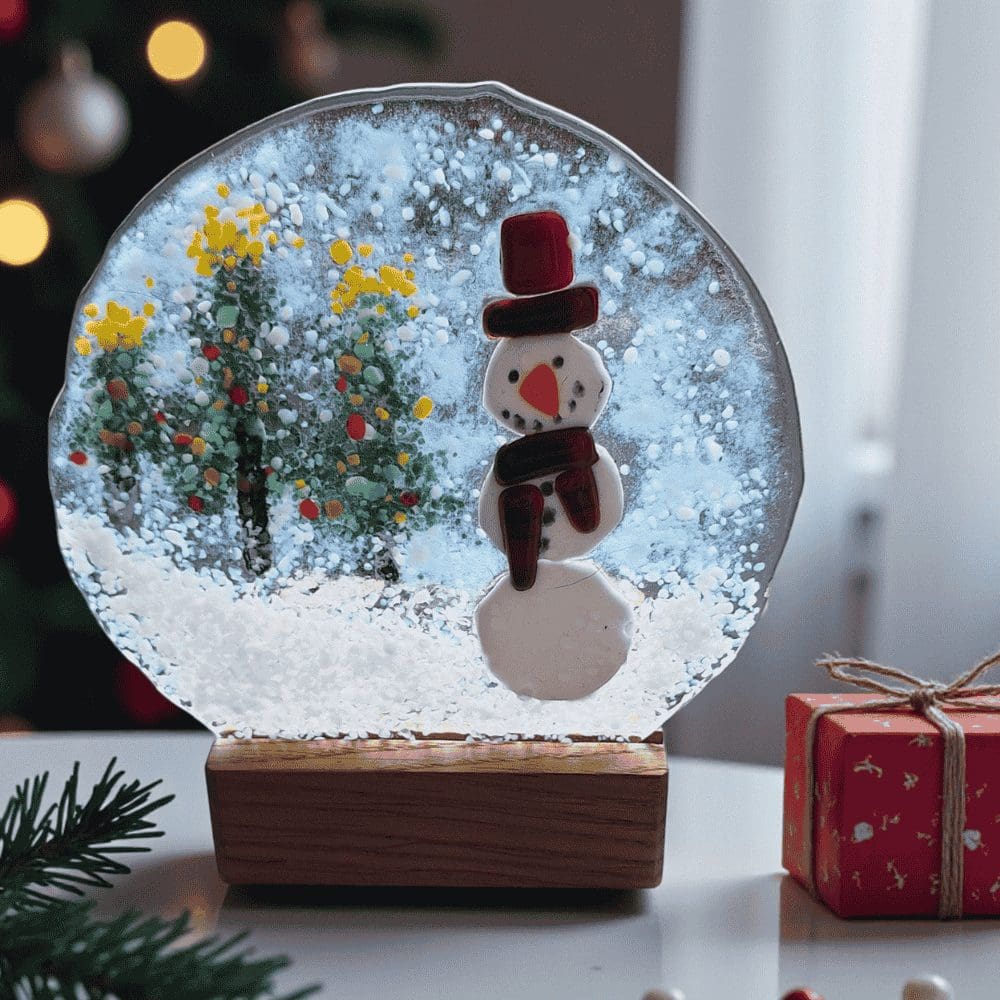 Handmade fused glass snowman decoration with a wooden candle holder base. The clear glass features a cheerful snowman wearing a red hat and scarf, surrounded by snowy trees and falling snow. A warm winter light shines through the glass, highlighting the textures and colours of the fused design. This artisan glass ornament makes a charming handmade Christmas decoration or gift, lovingly wrapped in white tissue paper with a purple ribbon, ready for gifting.