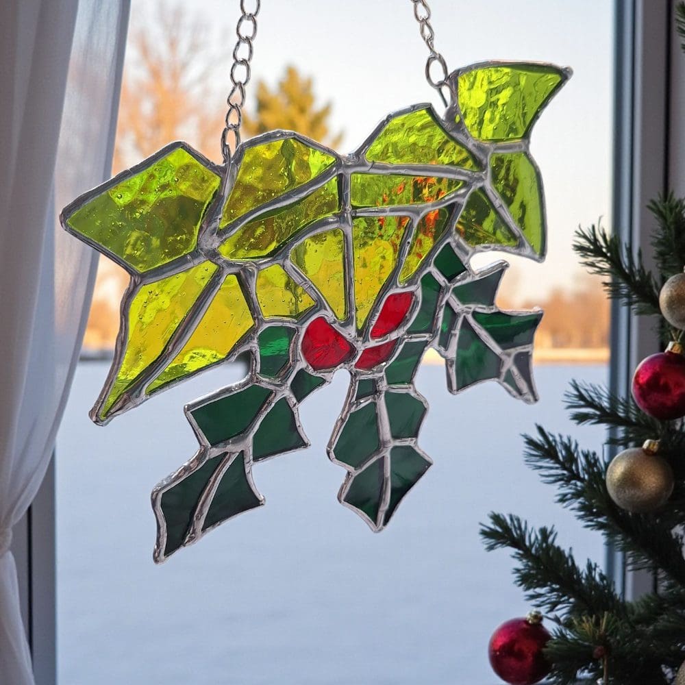 Unique Holly Ivy Stained Glass Suncatcher - Handmade UK Christmas Gift - Image 7