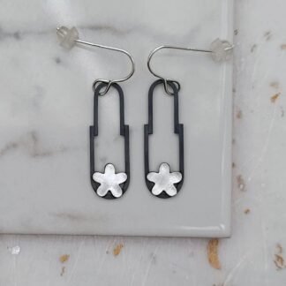 oxidised recycled sterling silver flower and wire drop earrings