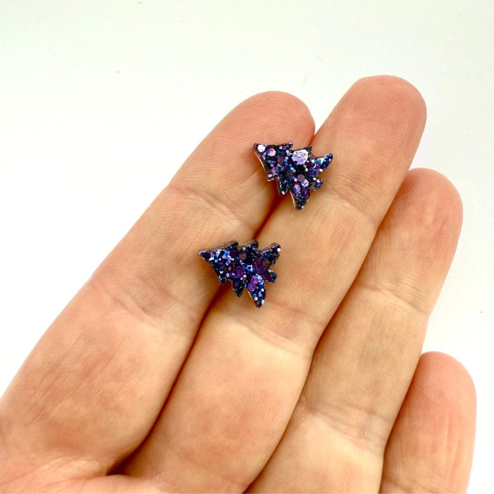 Purple Glitter Christmas Tree Stud Earrings - Cute Festive gift - Image 3