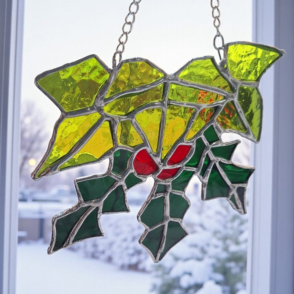 Unique Holly Ivy Stained Glass Suncatcher - Handmade UK Christmas Gift - Image 6