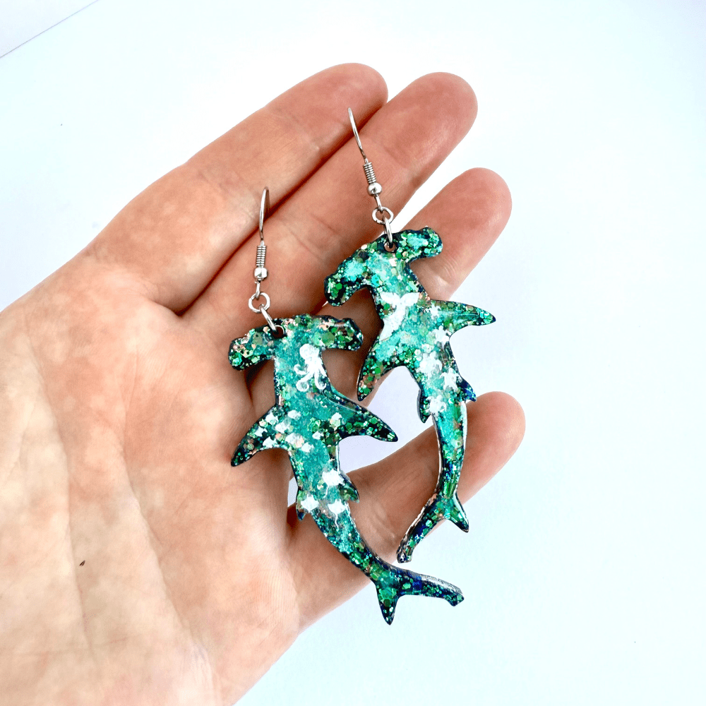 Blue Glitter Hammerhead Shark Hypoallergenic Earrings - Image 2