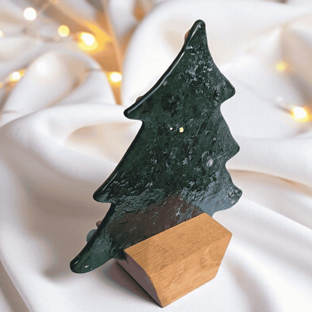 Green Glass Christmas Tree Decoration with Wooden Stand - Image 4
