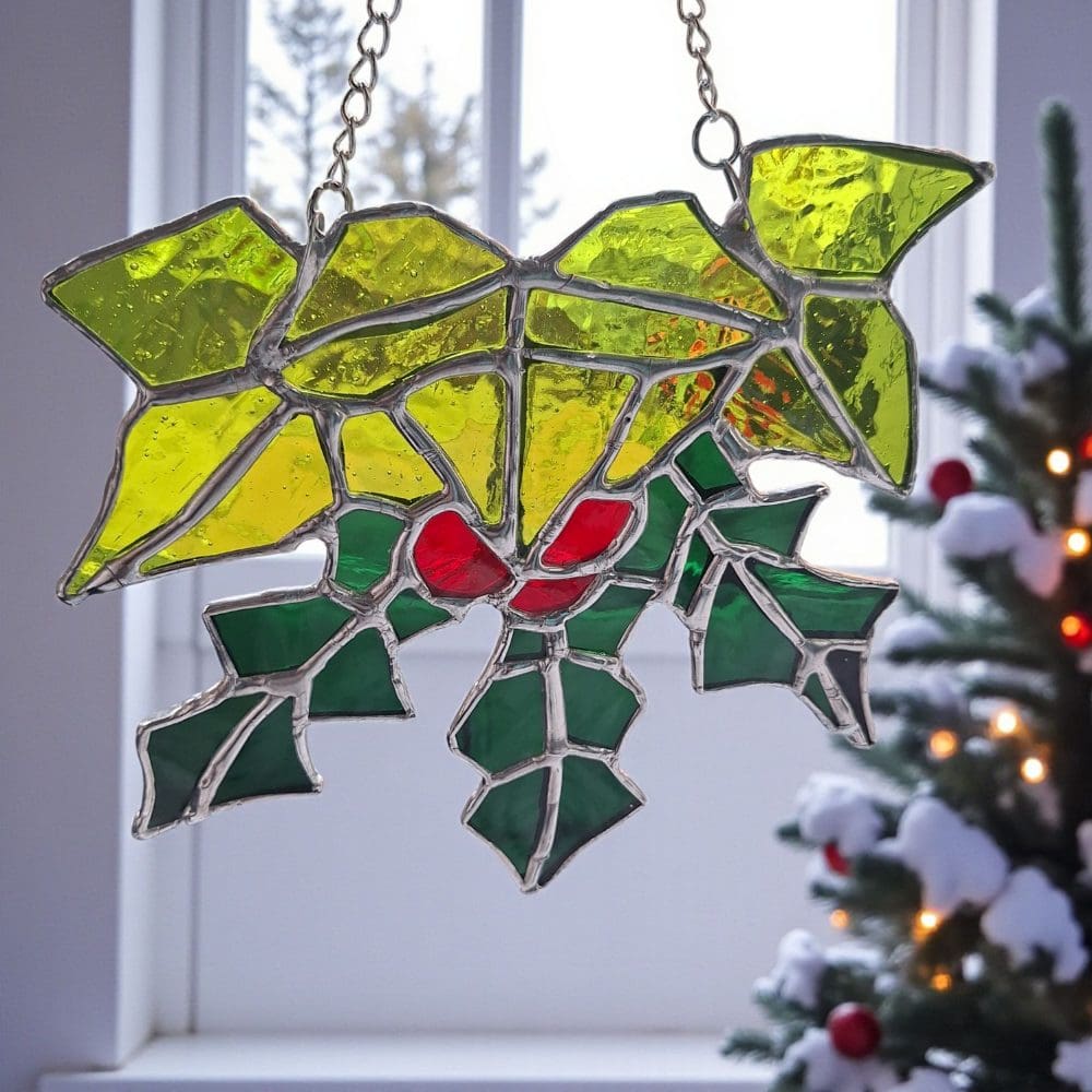 Unique Holly Ivy Stained Glass Suncatcher - Handmade UK Christmas Gift - Image 4