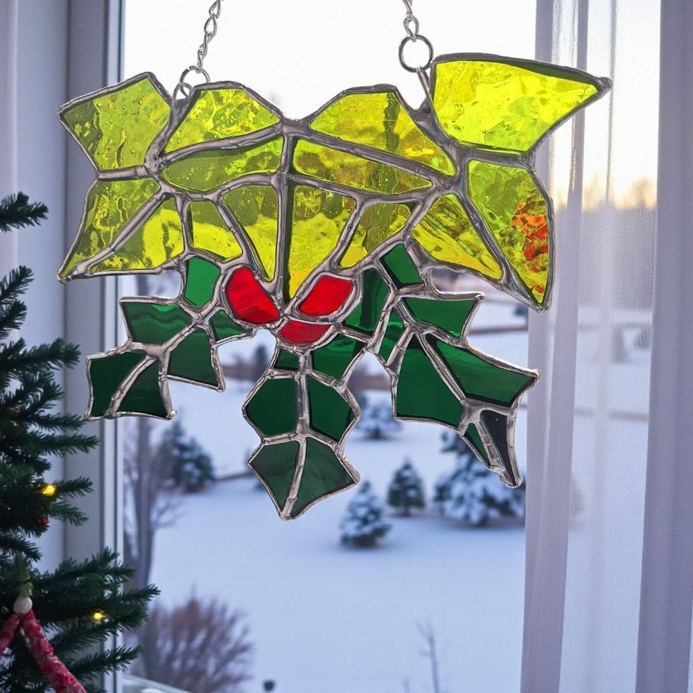 Unique Holly Ivy Stained Glass Suncatcher - Handmade UK Christmas Gift - Image 3