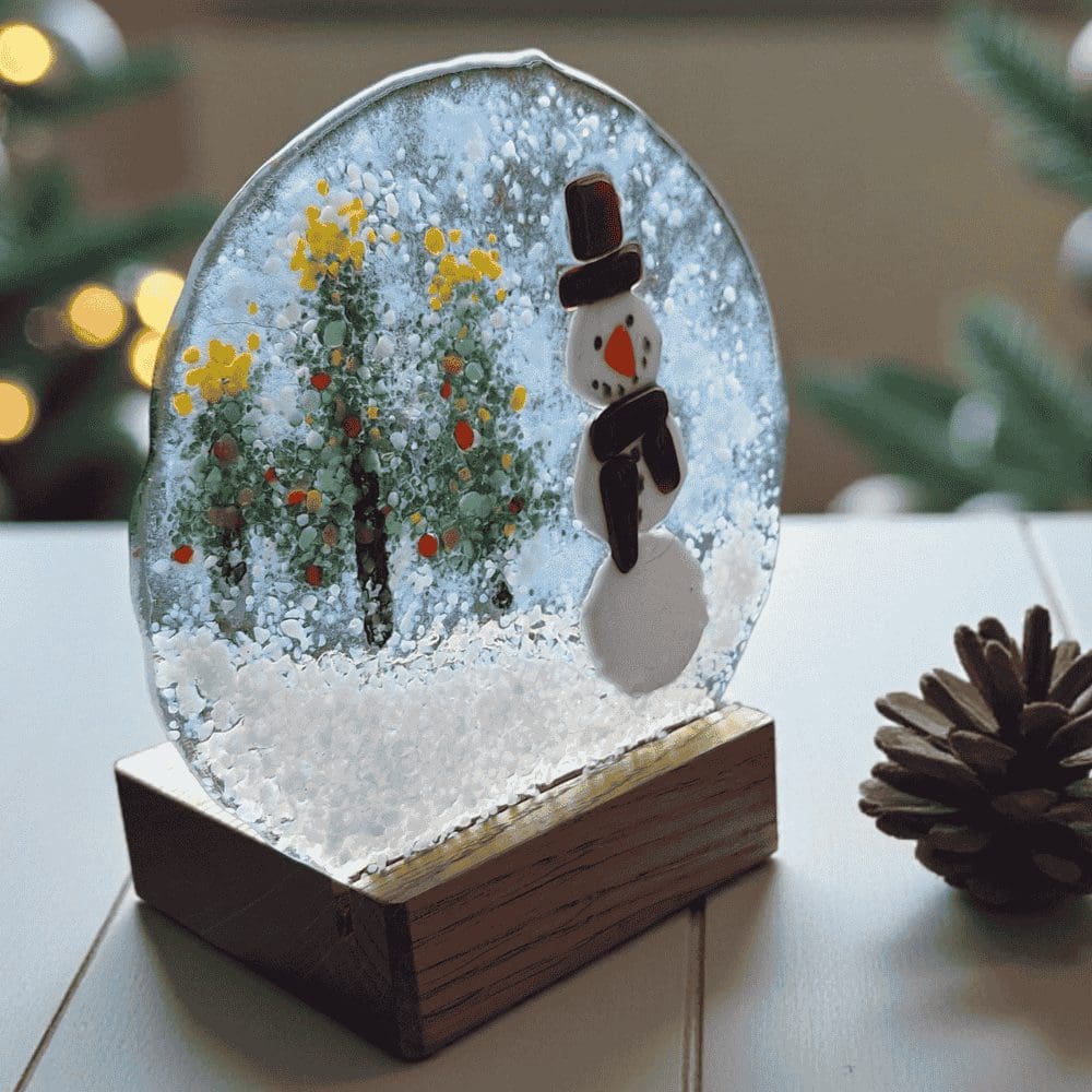 Handmade Fused Glass Snowman Decoration with Wooden Candle Holder - Image 4