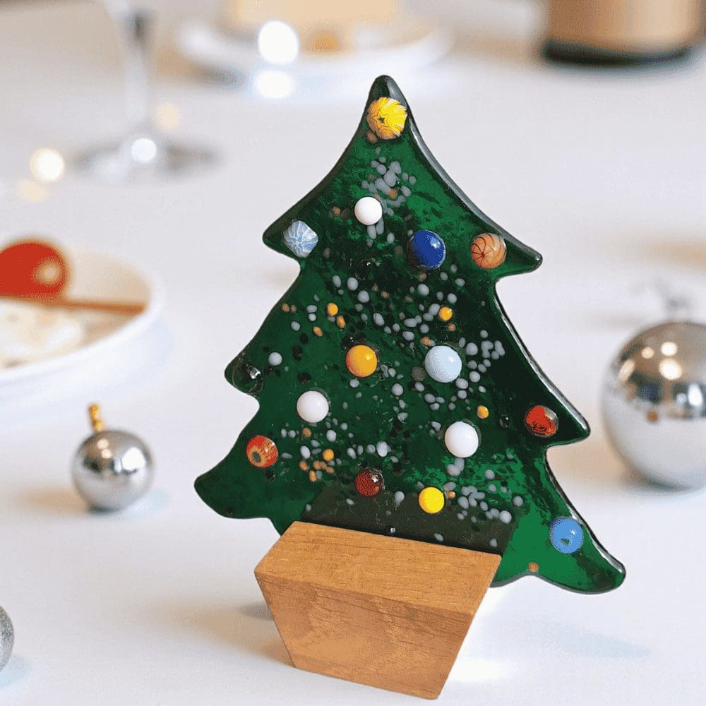 Green Glass Christmas Tree Decoration with Wooden Stand - Image 3