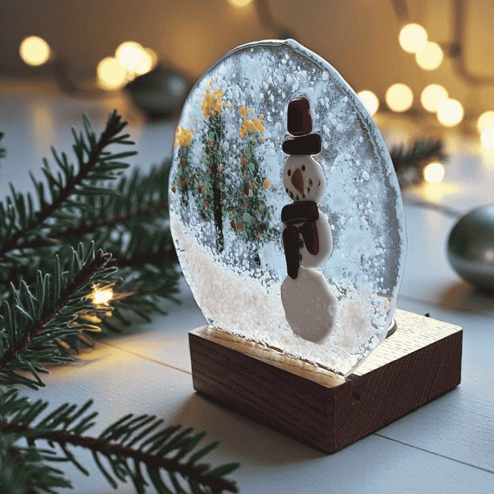 Handmade Fused Glass Snowman Decoration with Wooden Candle Holder - Image 3