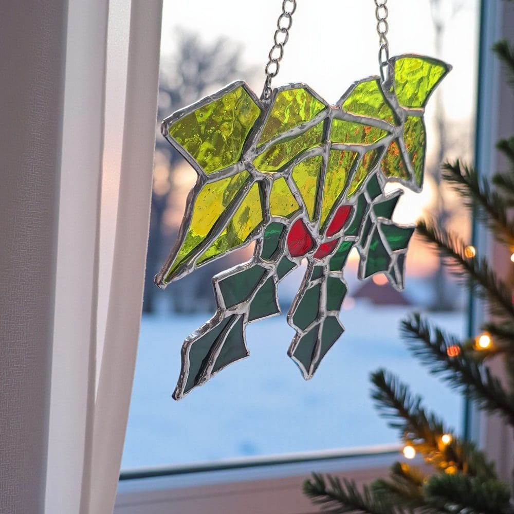 Unique Holly Ivy Stained Glass Suncatcher - Handmade UK Christmas Gift - Image 2