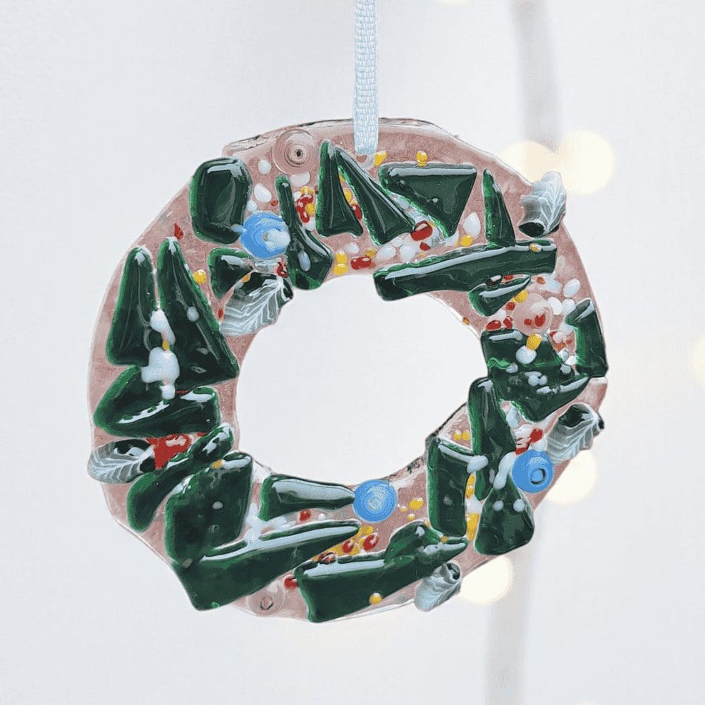 Fused Glass Christmas Wreath Ornament – Handmade UK - Image 3