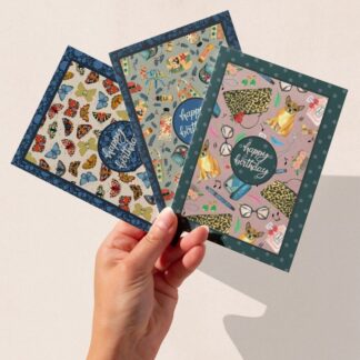 Trio of patterned birthday cards featuring butterflies, vintage fashion and dog motifs by The Illustrarium.