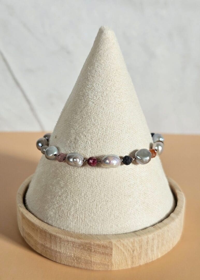 Grey baroque pearl, ruby & sapphire gemstone bead bracelet, front, Isobel Kelly Jewellery