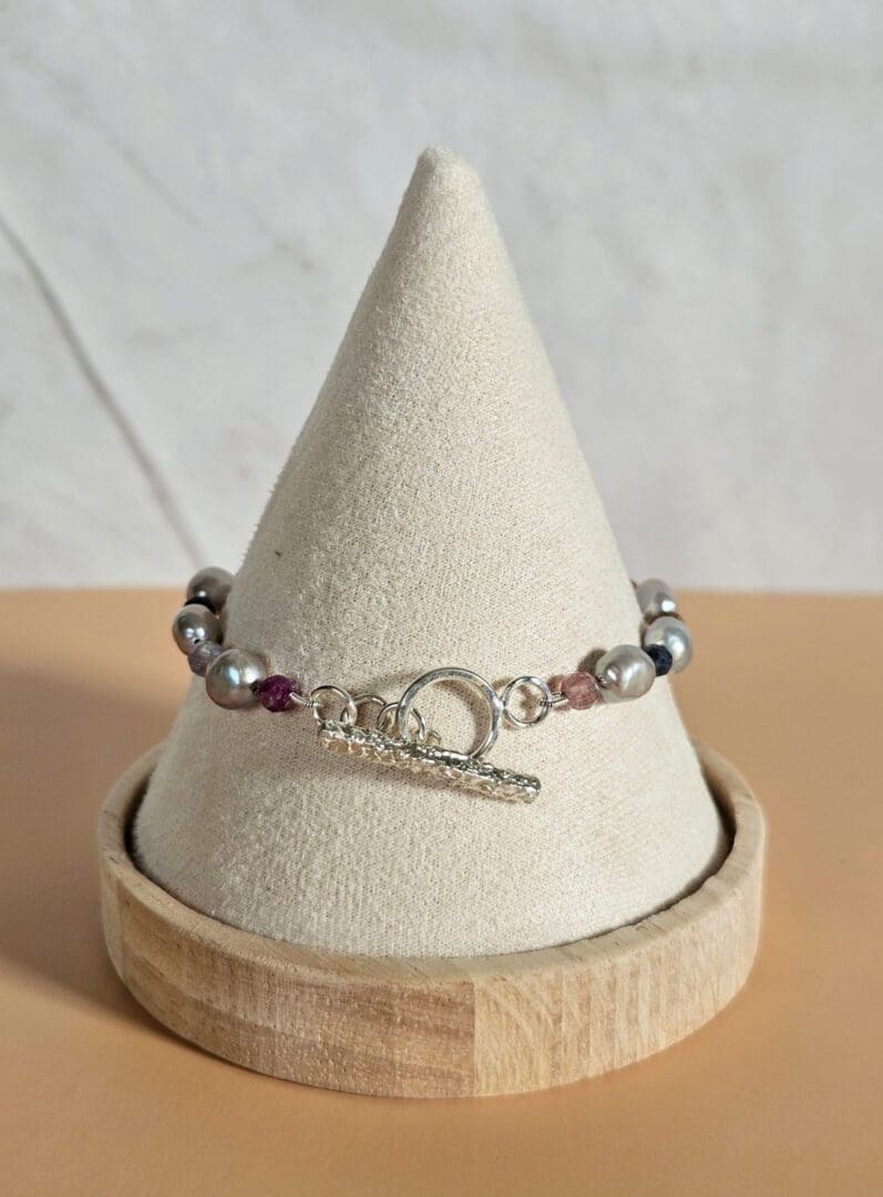 Grey baroque pearl, ruby & sapphire gemstone bead bracelet, silver toggle, Isobel Kelly Jewellery