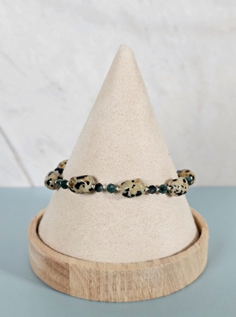 Blue tourmaline & Dalmatian jasper gemstone bracelet, front, Isobel Kelly Jewellery